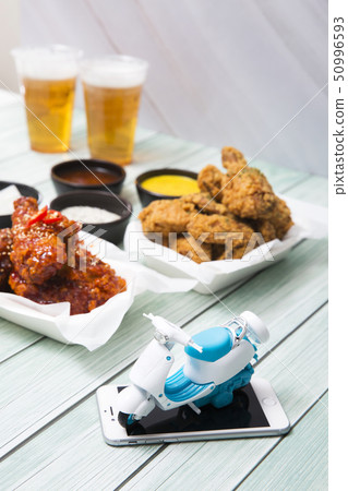 Korean style chicken and beer, delicious fried or spicy sauce chicken with cool beer 048 50996593