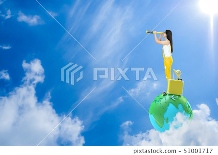 Young Woman standing on earth and looking in Young Woman standing on earth and looking in 51001717