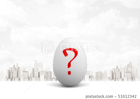 3d rendering of white egg with red question mark on white city skyscrapers background 3d rendering of white egg with red question mark on white city skyscrapers background 51012342