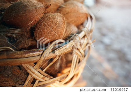 Coconuts in a wicker basket of brown color with 51019917