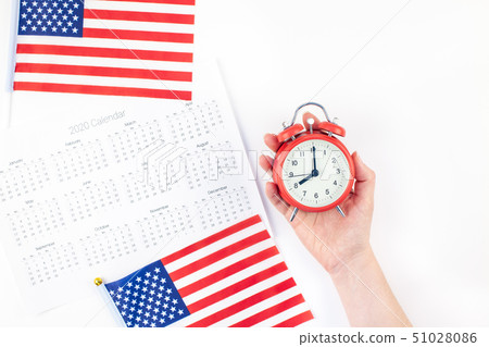 American flags on white background top view 51028086