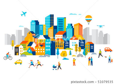 Smart city, landscape city centre with many building, airplane is flying in the sky and people Smart city, landscape city centre with many building, airplane is flying in the sky and people 51079535