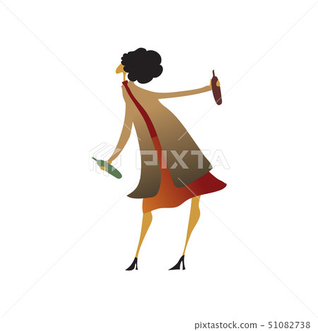 Woman with two bottles in their hands. On the table is a bottle. Vector illustration on white 51082738