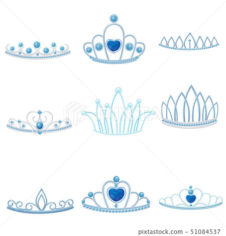Set of different silver crowns with large and small jewel of sapphires. Vector illustration. 51084537