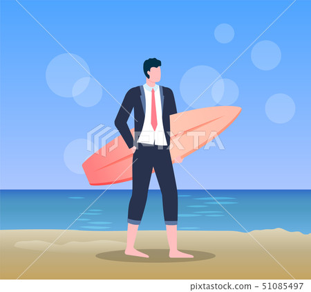 Male Holding Surfboard, Standing on Beach Vector 51085497