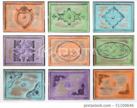 Old rustic cabinet with colored compartments 51100646