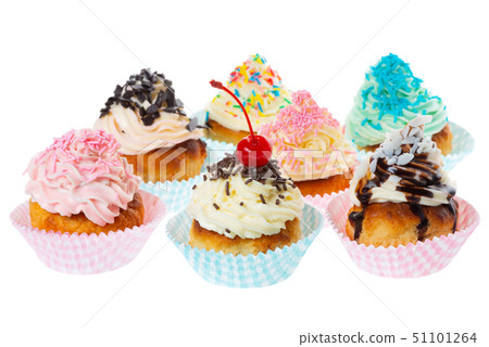 setting of birthday cupcakes with butter cream 51101264