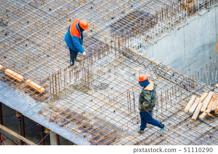People work with reinforcement carcass made of fitness at construction site 51110290