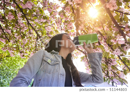 Young attractive girl drinking on the cherry tree street 51144803