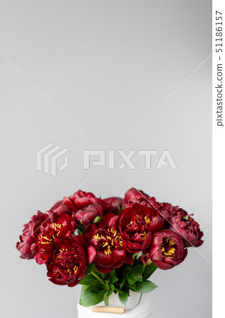 Red peonies in a metal vase. Beautiful peony flower for catalog or online store. Floral shop concept Red peonies in a metal vase. Beautiful peony flower for catalog or online store. Floral shop concept 51186157