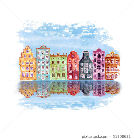 Old city illustration with watercolor houses Old city illustration with watercolor houses 51208621