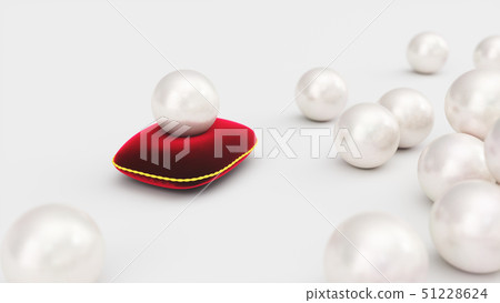 3d rendering of a pearl on a soft red velvet pillow with a gold stroke. Beautiful pearl, expensive 51228624