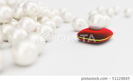 3d rendering of a pearl on a soft red velvet pillow with a gold stroke. Beautiful pearl, expensive 51228685