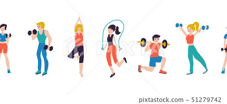 Fitness workout characters seamless vector illustration border. Sport club gym body-building Fitness workout characters seamless vector illustration border. Sport club gym body-building 51279742