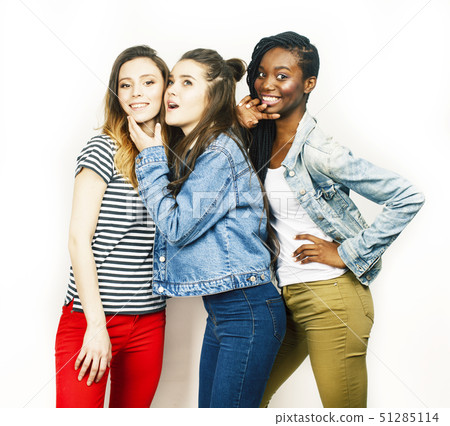 diverse multi nation girls group, teenage friends company cheerful having fun, happy smiling, cute 51285114