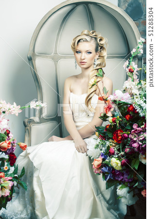 beauty young bride alone in luxury vintage interior with a lot of flowers, makeup and creative beauty young bride alone in luxury vintage interior with a lot of flowers, makeup and creative 51288304