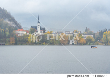 View of Lake Bled on rainy day. Slovenia View of Lake Bled on rainy day. Slovenia 51308868