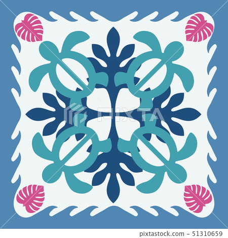 Hawaiian Quilt Pattern (Blue) Honu Turtle Pattern | Background Illustration Texture | Summer Image Vector Data 51310659