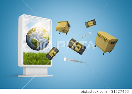 3d rendering of information display showing Earth with trash cans and radioactive waste barrels 3d rendering of information display showing Earth with trash cans and radioactive waste barrels 51327463