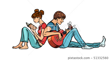 A couple of teenagers girl and boy. Woman reading a book, a man playing guitar A couple of teenagers girl and boy. Woman reading a book, a man playing guitar 51332560