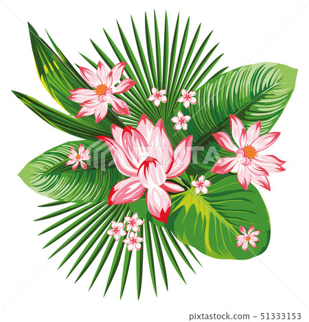 Tropical botanical composition pink lotus green 51333153