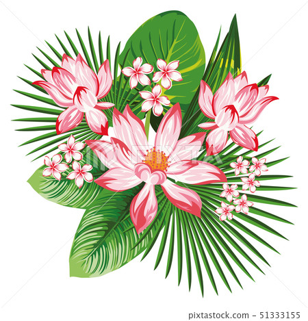 Floral composition pink lotus green leaves 51333155