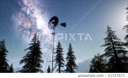 retro windmill in mountain forest with stars. 51337871