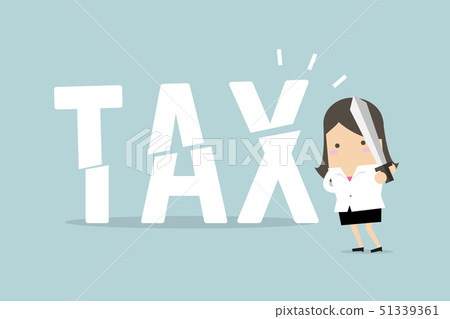 Businesswoman cut tax with sword. Business concept Businesswoman cut tax with sword. Business concept 51339361