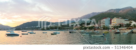 Montenegro, Rafailovici. Sunset view on sea beach. Montenegro, Rafailovici. Sunset view on sea beach. 51346404