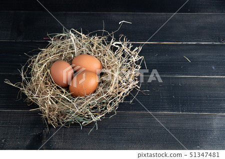 Fresh brown chicken eggs in hay nest on black Fresh brown chicken eggs in hay nest on black 51347481
