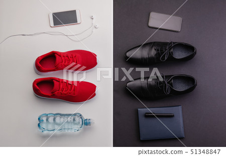 Sport and relax after office work concept. Studio shot and flat lay. Sport and relax after office work concept. Studio shot and flat lay. 51348847