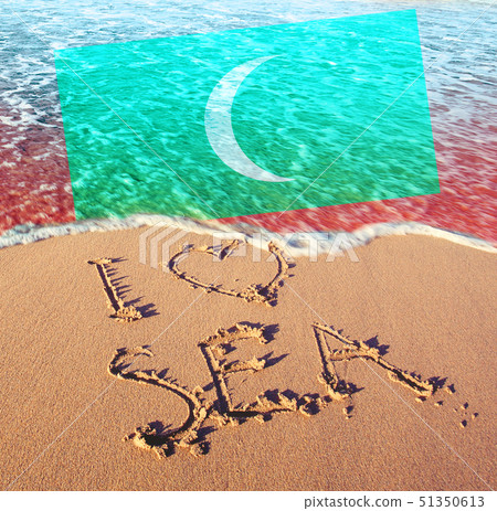 Beach sand, sea and flag Maldives. I love Maldives Beach sand, sea and flag Maldives. I love Maldives 51350613