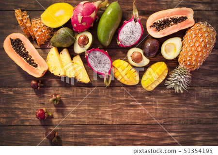 Tropical fruits, papaya, Dragon Fruit, rambutan, tamarind, avocado, granadilla, carambola kumquat 51354195
