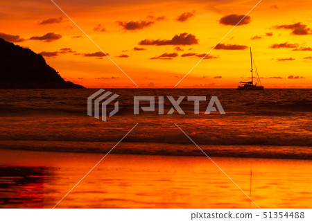 Silhouette of yacht on gorgeous sunset background. Silhouette of yacht on gorgeous sunset background. 51354488