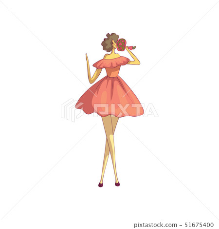 Brunette in a magnificent dress sniffs a bouquet of flowers. Vector illustration on white background 51675400