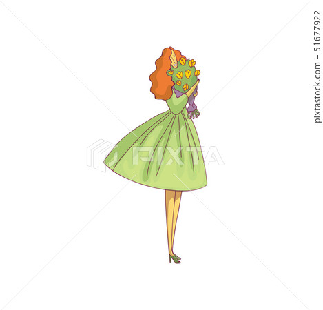 Red-haired girl in a dress with flowers. Vector illustration on white background. 51677922