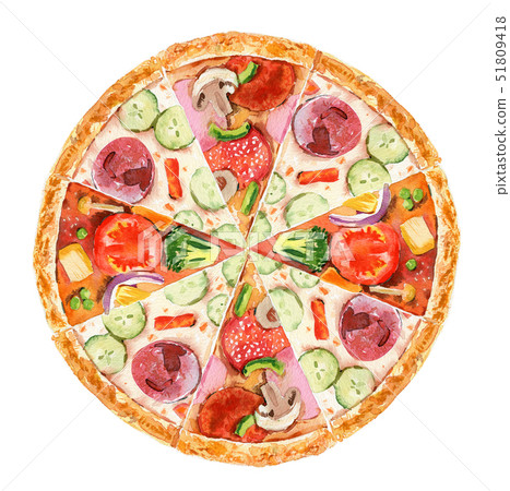 Pizza slice with tomato, cheese, basil, salami on white background. Doodle top view. Hand-drawn Menu Pizza slice with tomato, cheese, basil, salami on white background. Doodle top view. Hand-drawn Menu 51809418