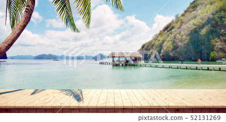 Bright and detailed panoramic landscape: summer seaside wooden platform (3D CG rendering digital illustration) 52131269