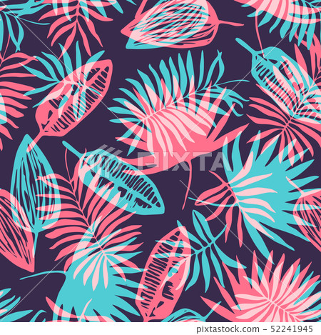 Bright blue and pink tropical leaves pattern 52241945