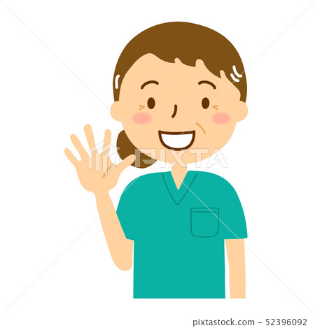 Scrub white coat emerald green female waving hand Scrub white coat emerald green female waving hand 52396092