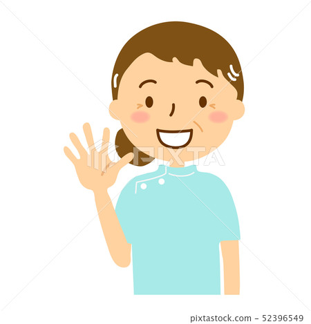 Casey white coat light blue woman waving hand 52396549