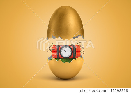 3d rendering of gold egg cracked in two, upper half levitating in air, red dynamite bundle with time 3d rendering of gold egg cracked in two, upper half levitating in air, red dynamite bundle with time 52398268