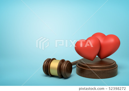 3d rendering of two cute red hearts on sounding block with judge gavel beside on light-blue 3d rendering of two cute red hearts on sounding block with judge gavel beside on light-blue 52398272