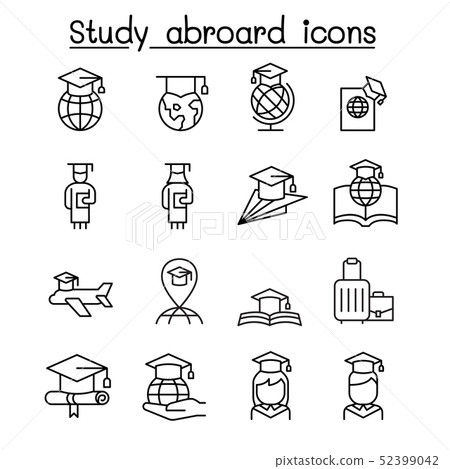 Study abroad & Graduation icon set in thin line 52399042