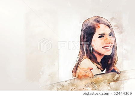 Asia woman portrait traveling watercolor painting. 52444369