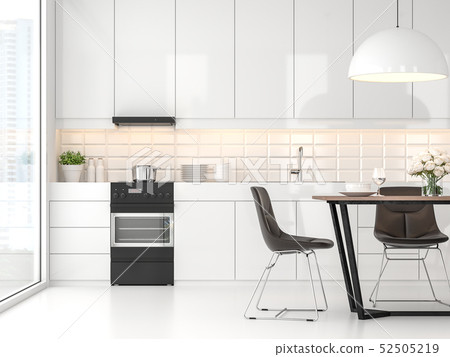 Modern White Kitchen And Dining Room 3d Render Stock Illustration 52505219 Pixta