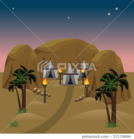 Nomad camp in night desert landscape scene Nomad camp in night desert landscape scene 52519666