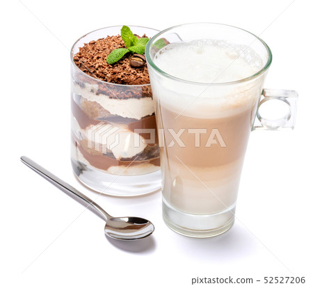 Classic tiramisu dessert in a glass and cup of coffee isolated on a white background with clipping 52527206