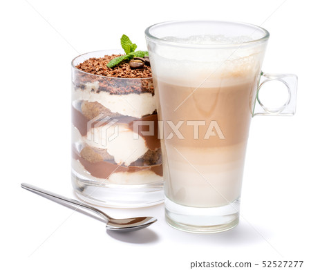 Classic tiramisu dessert in a glass and cup of coffee isolated on a white background with clipping 52527277