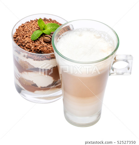 Classic tiramisu dessert in a glass and cup of coffee isolated on a white background with clipping 52527350